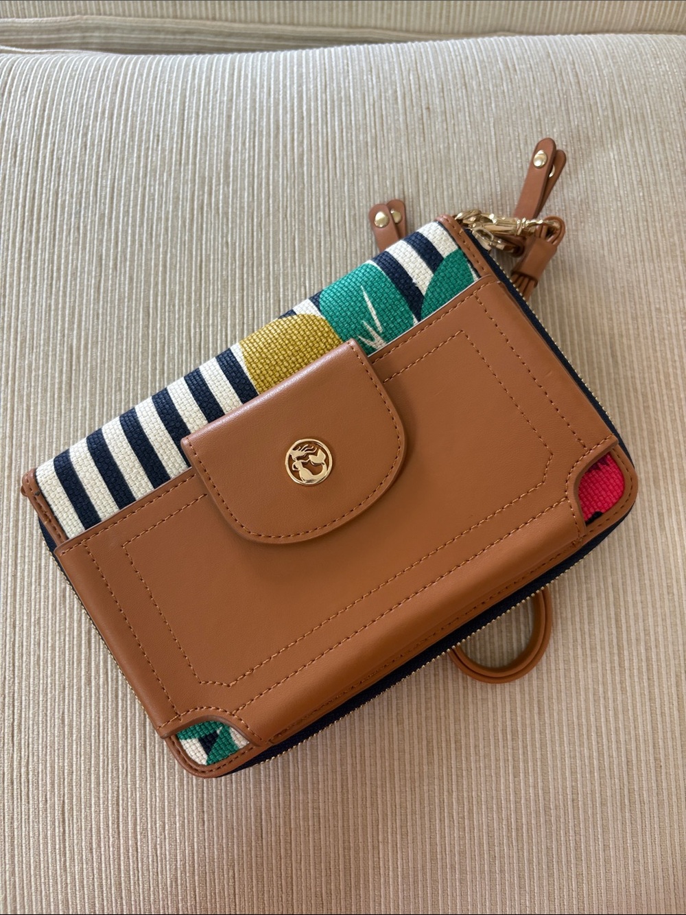 Spartina very good Tan Multi-Color Leather and Canvas Wristlet Wallet